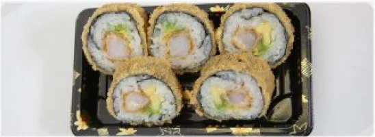 Gefrituurde garnalen, komkommer, avocado en teriyaki mayonaise