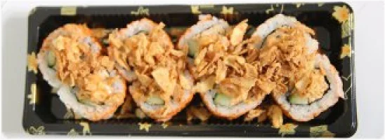 Gefrituurde garnalen, massago, japanse mayo en gebakken uitjes